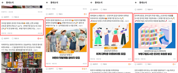 부평구가 당근마켓 동네소식에 올린 소식들(애완견 교육, 어린이텃밭체험, 하계대학생 아르바이트,, 도서관온라인 회원증 발급) 사진:당근마켓 화면캡쳐