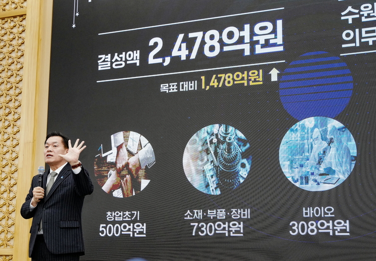이재준 수원특례시장이 '수원기업새빛펀드 비전 선포식'에서 브리핑하고 있다. 수원시 제공. 