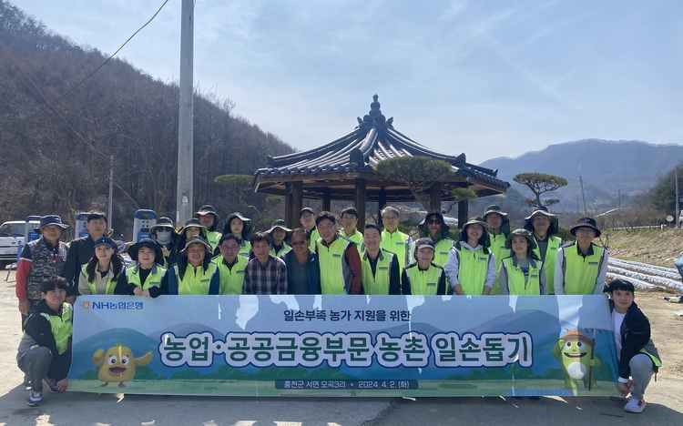  4월 2일 강원도 홍천군 모곡리 농가에서 NH농협은행 농업 공공금융부문 임직원들이 일손돕기 후 기념촬영을 하고 있다. (사진=NH농협은행)