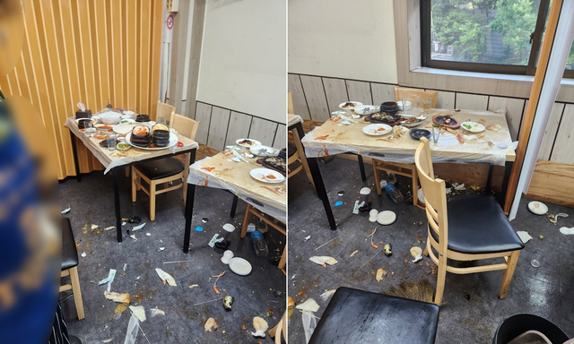 음식점 탁자와 의자 식기들이 널부러지고 어지럽다. 시의원들이 다툰 현장이다. 경기일보 제공