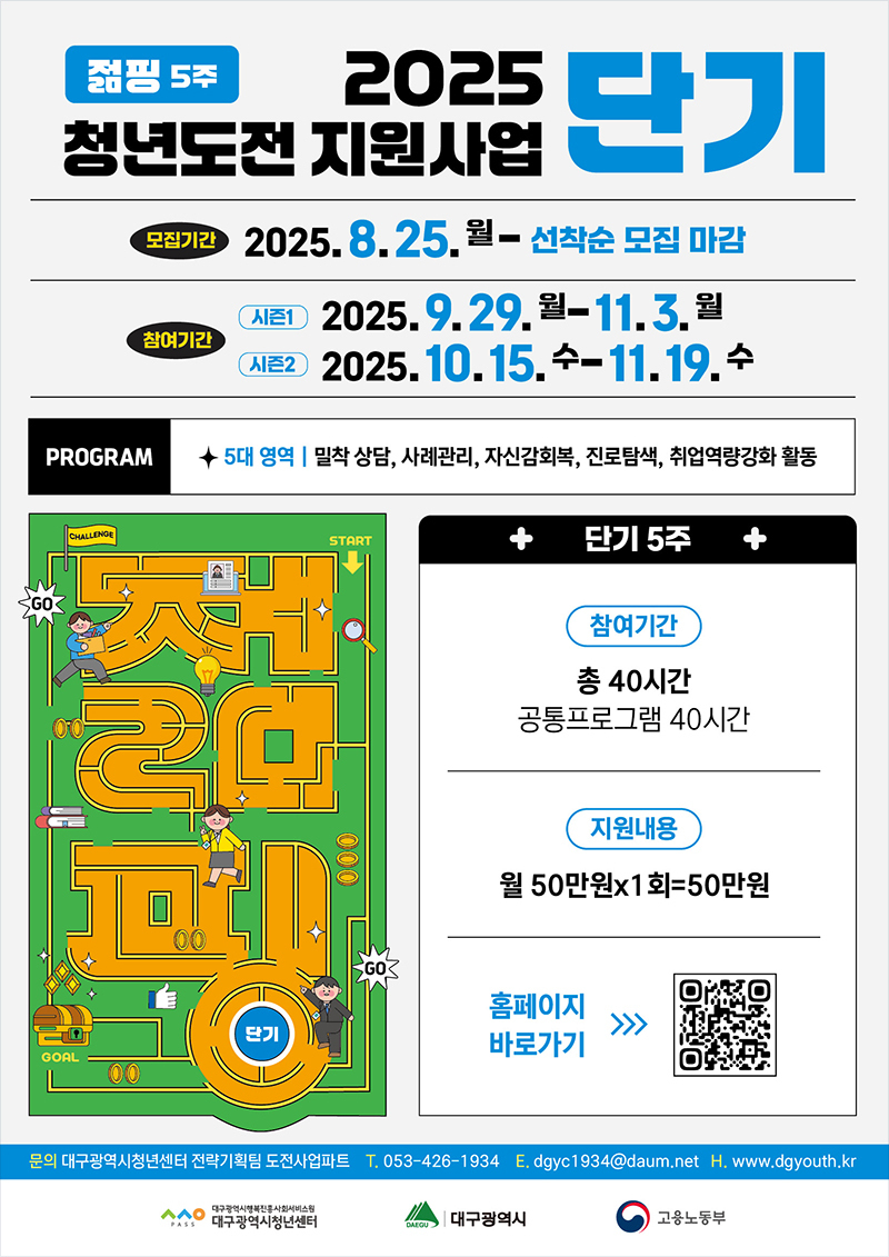 청년의 구직 의욕 회복과 진로탐색 기회를 제공하기 위한 청년도전지원사업 ‘젊핑’ 단기(5주) 과정 안내<이미지=대구시>